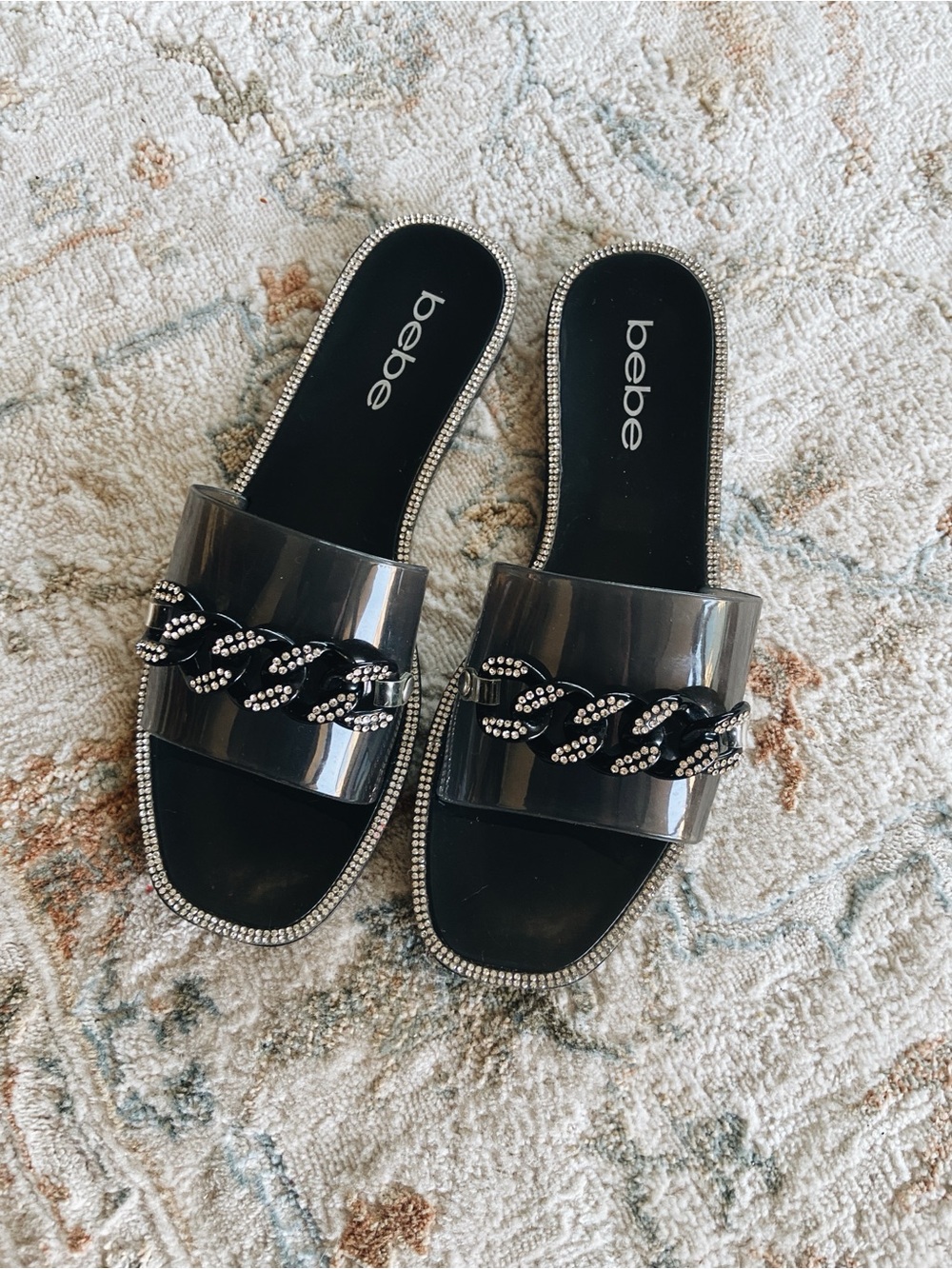Y2K Style Bebe Black Patent Slide Sandals with Sparkle Crystal Chain Trim